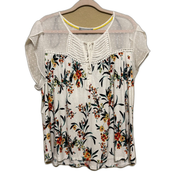 Daniel Rain Top Womens XXL 2XL Cream Floral Semi Sheer Swiss Dot Boho Peasant - Picture 1 of 7